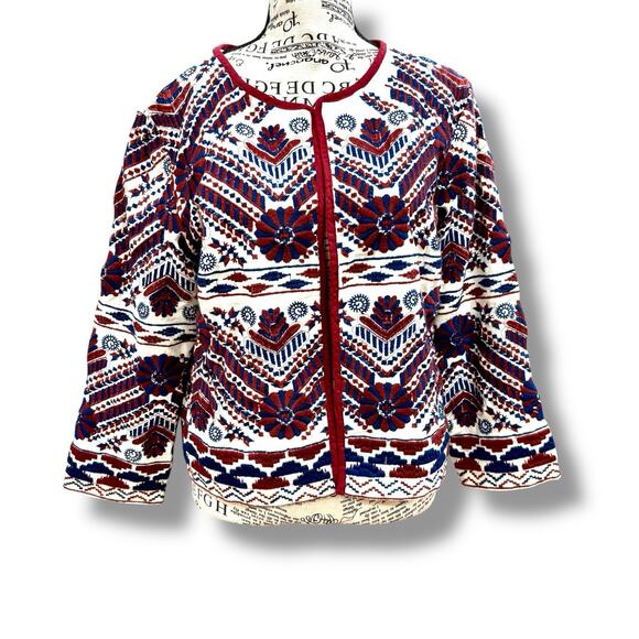 Anthropologie Size M Greenwich White Purple 100% Cotton Embroidered Jacket Aztec - Picture 2 of 6
